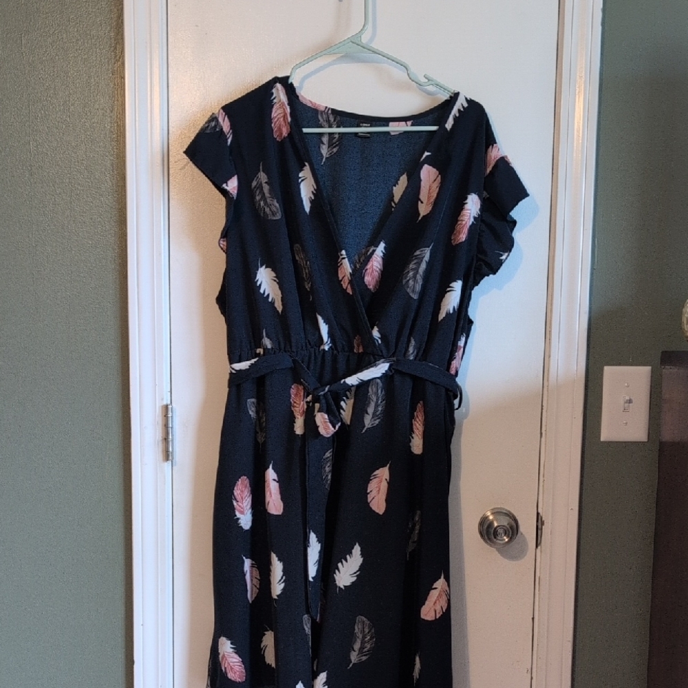 Navy Feather-Print Wrap Dress with Belt